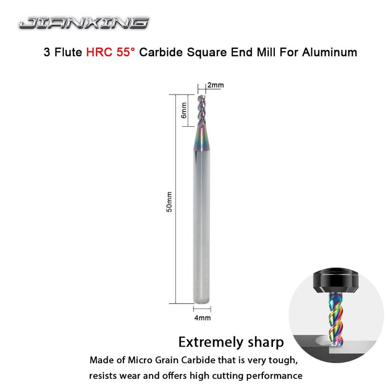 JIANXING 2mm Carbide Square End Mill for Aluminum & Copper Applications, 3-Flute, HRC 55 Deg, 2mm Cutting Diameter, 50mm Length, 4mm Shank,DLC Coating, CNC Router Bits (3 Pieces) - Image 2